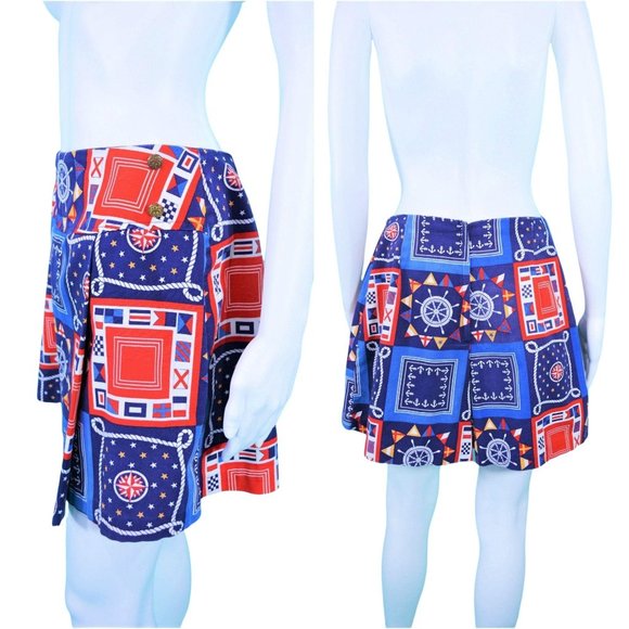 Vintage 1960s Novelty Print Skort Blue Nautical Patriotic Shorts | W 27" - Picture 5 of 5